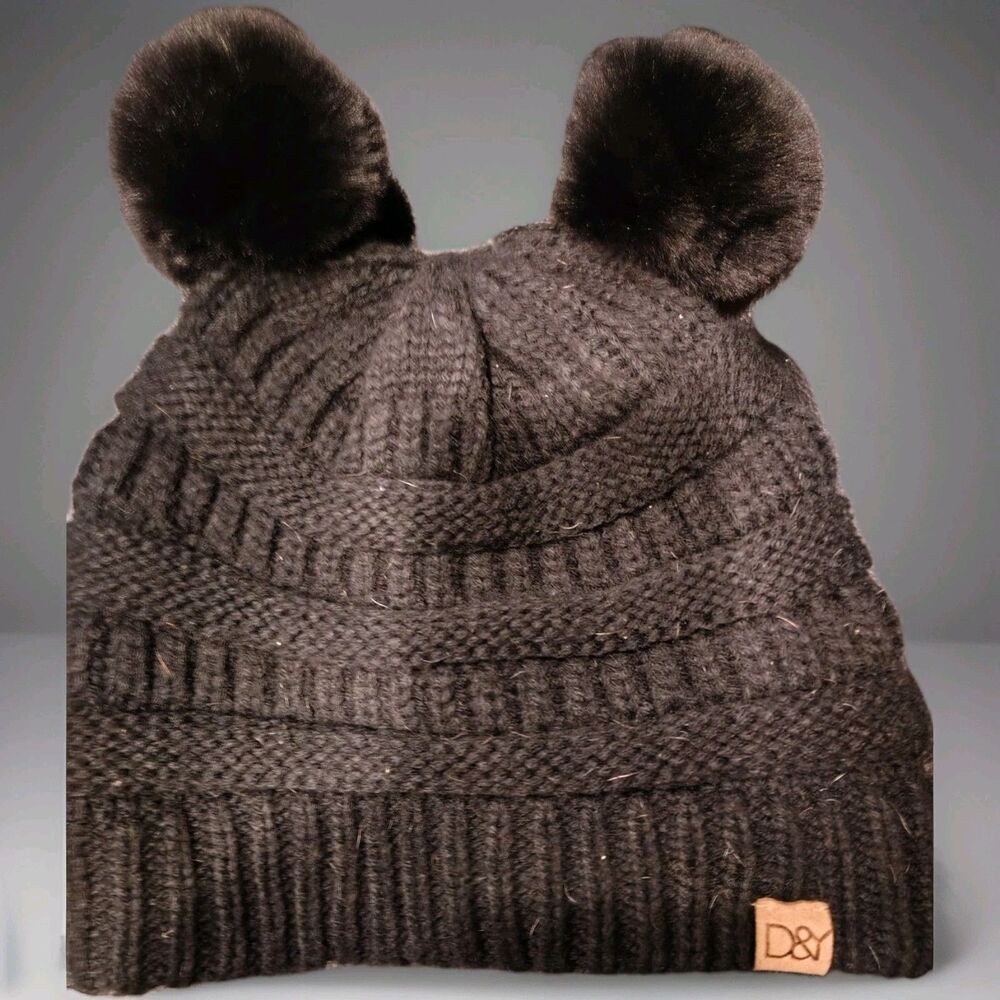 D&Y Black Knit Pom-Pom Women's Beanie Acrylic Hat Solid Winter Classic
